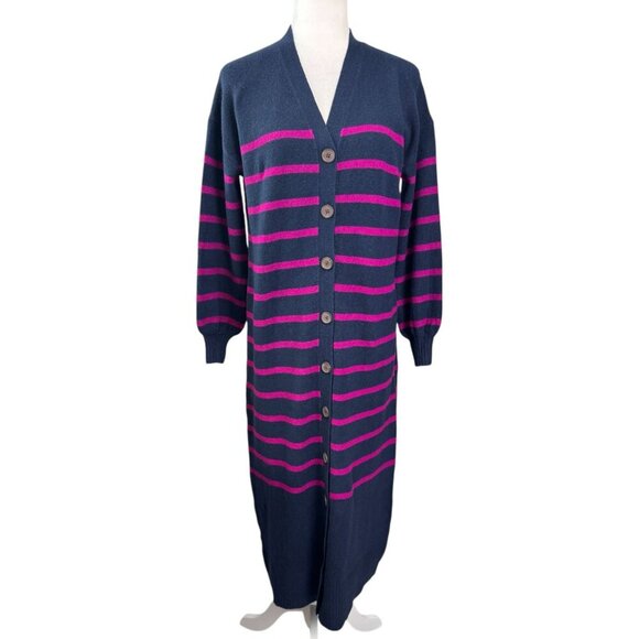 LOFT Long Sweater Cardigan Midi Dress Striped Navy Blue Button Front Size M - Picture 2 of 10